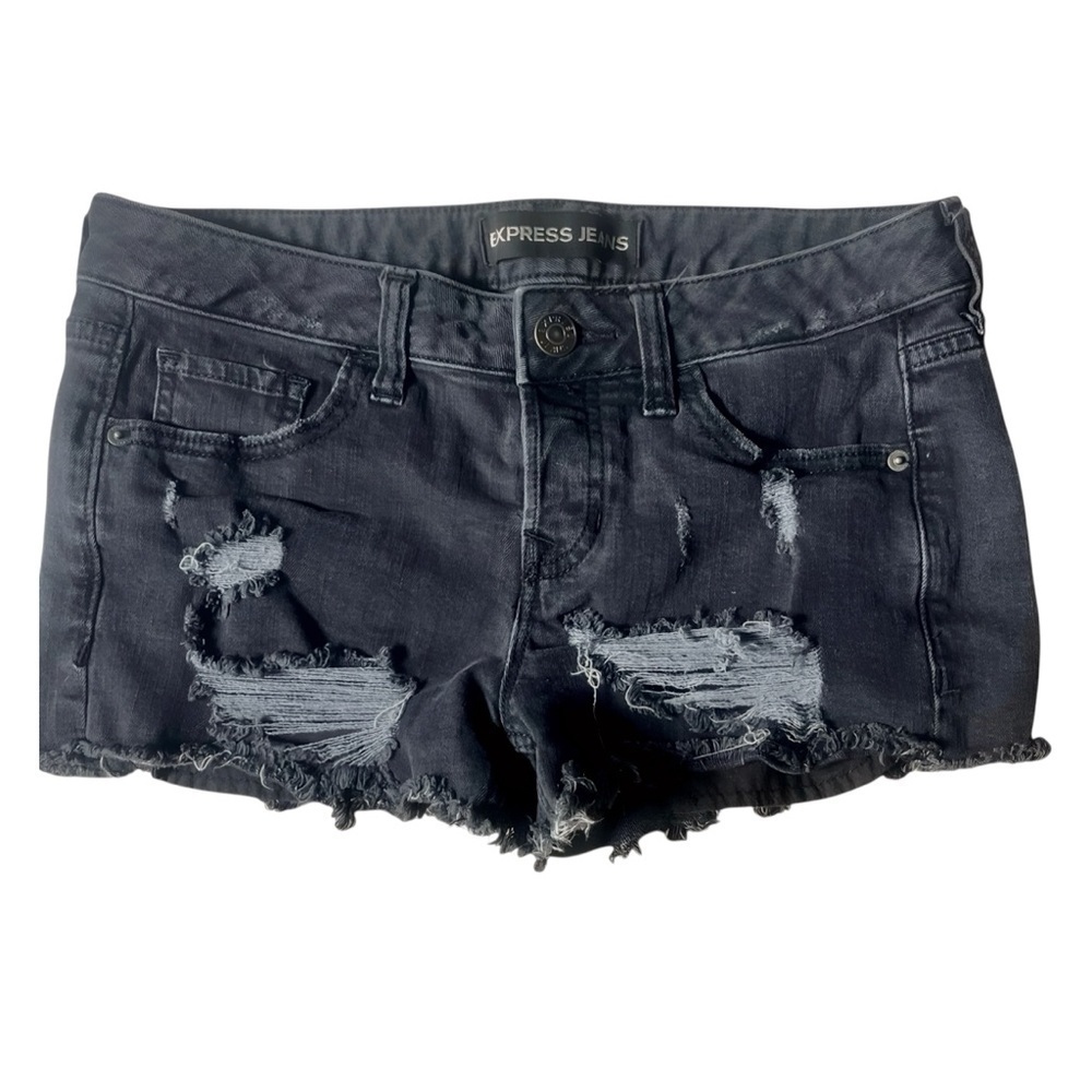Express Y2K Low Rise Black Distressed Jean Shorts
